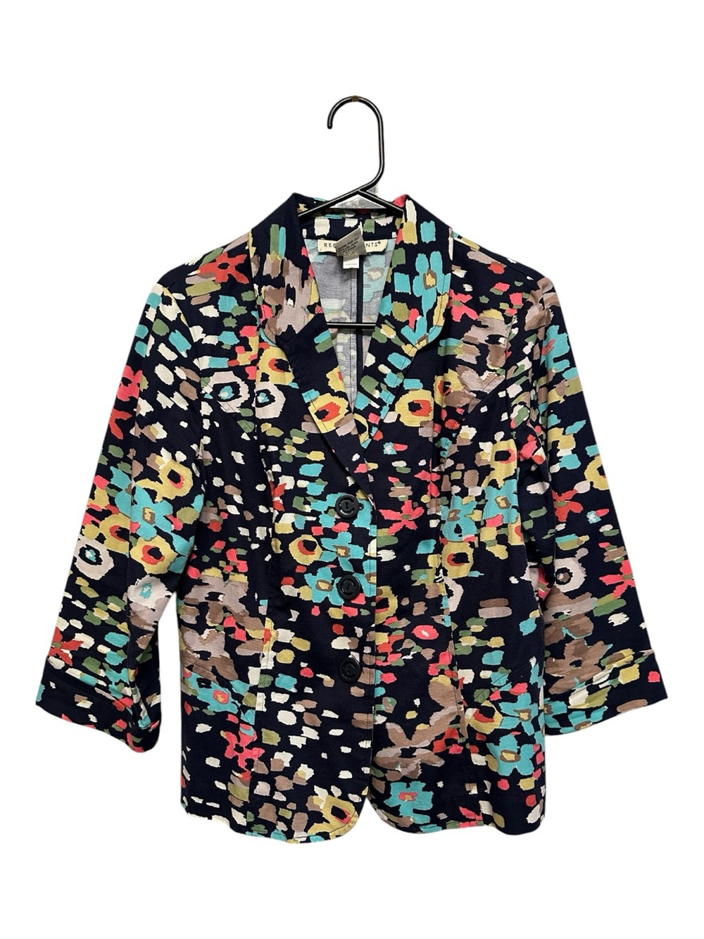 Vintage 90s Requirements Abstract Floral Print Blazer Jacket - Navy Multi Medium